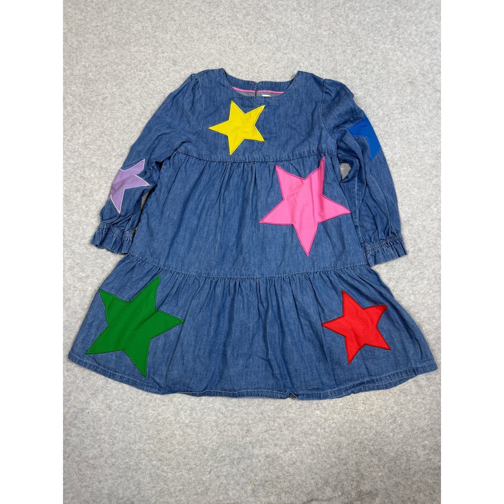 Mini Boden Betsy Tiered Chambray Denim Star Applique Dress Blue Girls 6-7Y